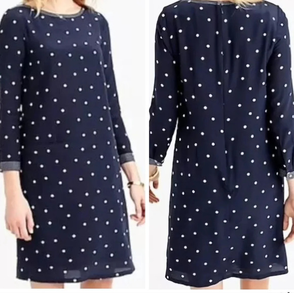 J. Crew 100% Silk Shift Dress/Tunic, Navy Blue w/ Polka Dots, Bateau Neck, EUC! - Picture 1 of 11